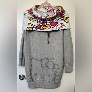 RARE 2012 Sanrio Hello Kitty Cowl Neck Hoodie Dress Gray Candy Bow Print Tunic F